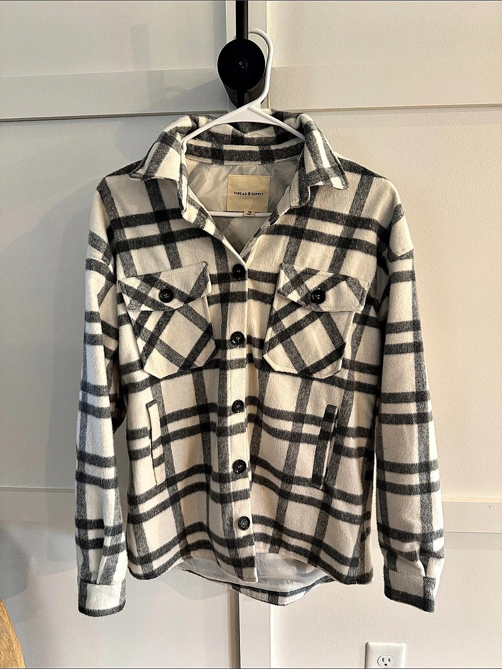 Thread & Supply Plaid Shacket White & Gray XS
